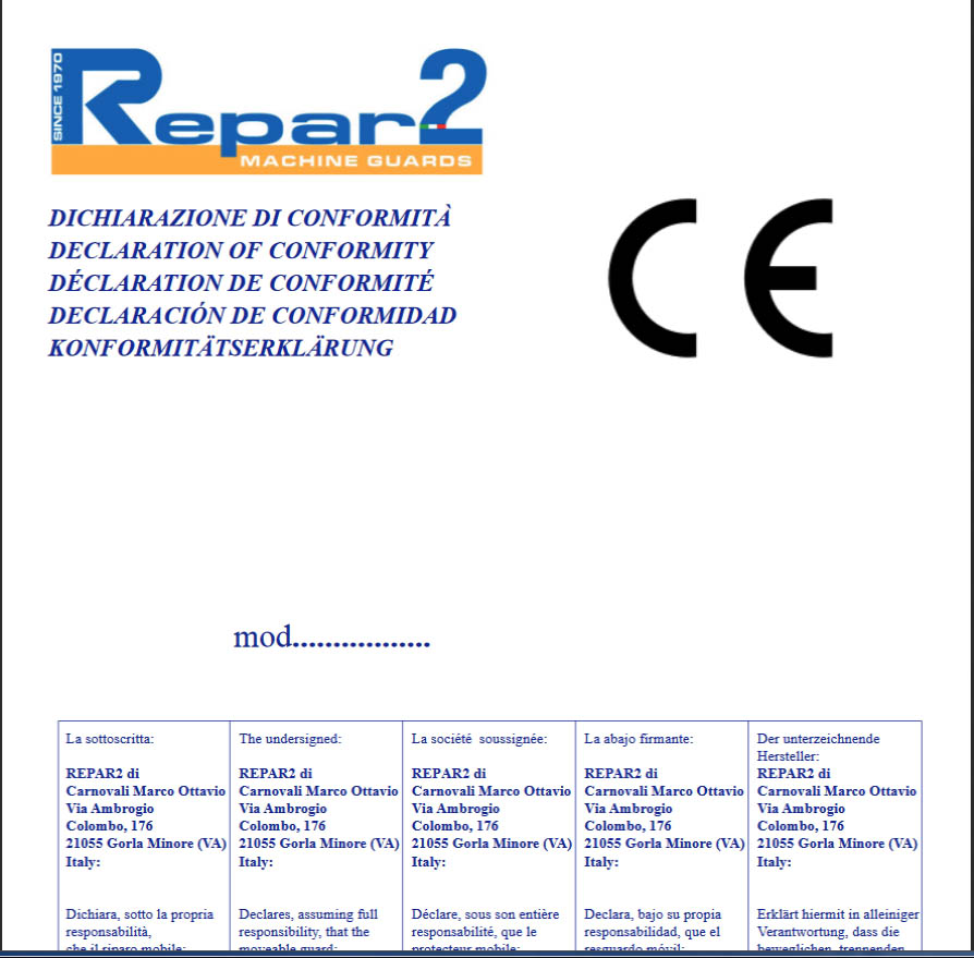 CE Certificates – Safety Precautions Conformity 2006/42/CE